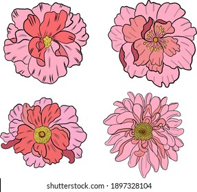 Vector de flores de peonía para el diseño de tatuajes sobre fondo blanco. Hermosa línea de arte para el libro de colorear doodle con ilustración de flores de Peony en aislado. Estilo dibujado a mano de flores china.