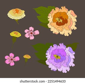 Blütenvektor für Tätowierungen.Traditionelle japanische Blumengrafik für Doodle-Kunst und Druck auf dem Hintergrund.Marigold-Blumenvektor.