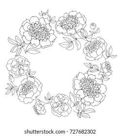 peony flower wreath vector illustration. line sketch hand drawn floral pattern for card, wedding invitation, surface design