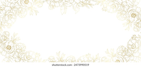 Peony flowers border gold frame. Luxury golden floral template, peonies vector gold line on white background, vector illustration