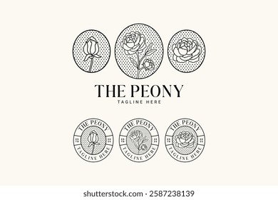 peony flowers, buds, petals with leaves line art vintage logo design. simple several stems of peonies with leaves badge logo concept. feminine peony flower logo for beauty care, cosmetic, boutique