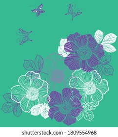 Peony flowers and butterflies. Vector illustration for t-shirts and dresses.