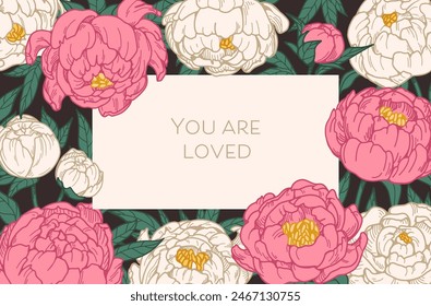 Peony flowers card. Floral framed background. Romantic postcard design, beautiful botanical template with spring blooms. Garden blossom in detailed retro style. Hand-drawn vector illustration