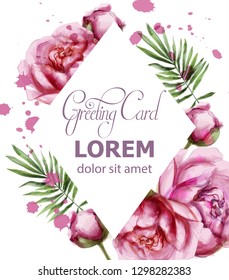 Peony flowers delicate abstract frame Vector. Wedding invitation card. Save the date. Spring summer decors