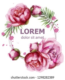 Peony flowers delicate wreath Vector. Wedding invitation card. Save the date. Spring summer decors