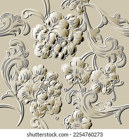 Peony flowers emboss 3d seamless pattern. Baroque Victorian style surface vector background. Blossom peonies textured vintage 3d ornaments. Repeat relief backdrop. Beautiful embossed floral texture.