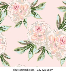 Peony flowers with green leaves bouquets, blush pink background. Floral illustration. Vector seamless pattern. Botanical design. Nature summer garden plants. Romantic wedding