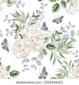 Peony flowers, green leaves bouquets, butterflies, white background. Floral illustration. Vector seamless pattern. Botanical design. Nature summer garden plants. Romantic wedding