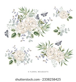 Peony flowers, green leaves bouquets, butterflies, white background. Set of the floral arrangements. Vector illustration. Romantic garden. Summer nature. Wedding design