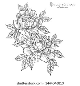 Peony flowers in japanese tattoo style. Hand drawn inked flowers. Black and white floral elements. Vector illustration.