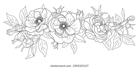 Frontera de flores y hojas de peonía. Anuncio Horizontal, fondo de superposición floral. Ilustración vectorial dibujada a mano del estilo del bosquejo de la tinta monocromática botánica aislada en el fondo blanco.