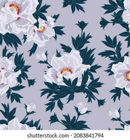 Peony flowers and leaves pattern. Vector image of flowers of a tree peony. Elements for design.