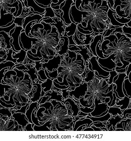 Peony  flowers with leaves seamless pattern. Hand drawn. Black monochrome background