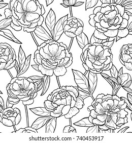 Peony Flowers And Leaves Seamless Pattern. Floral Romantic Outline Wallpaper On White Background.