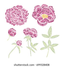 Peony flowers and leaves set , design elements. Can be used for cards, invitations, fashion ornaments, fabrics, manufacturing, clothing design. Embroidery style decorative flowers. Editable