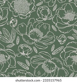 Peony flowers outline seamless pattern on green background. Hand drawn, retro, vintage. For home textile, wallpaper, wrapping, packaging, clothing.