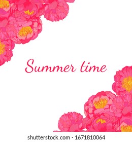 Peony flowers pink vector background with lettering. Summer time bright template