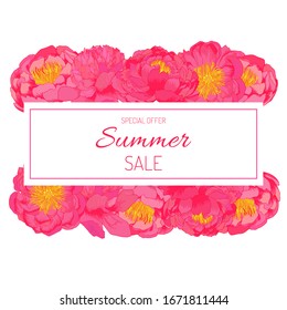 Peony flowers pink vector background with lettering. Summer bright template