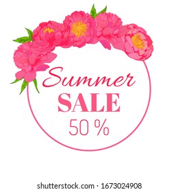 Peony flowers pink vector background with lettering. Summer circle template
