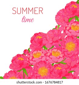 Peony flowers pink vector background with lettering. Summer bright template