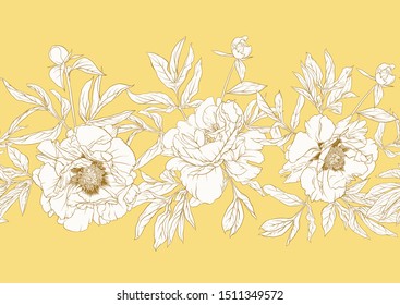 Peony flowers. Seamless pattern, background. Outline vector illustration. In realistic, botanical style In soft mellow yellow color.	