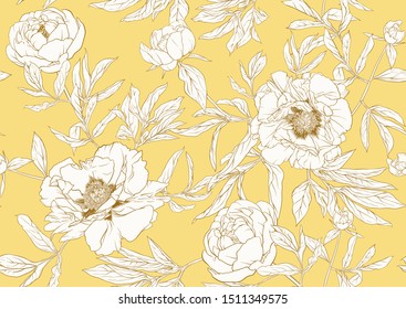 Peony flowers. Seamless pattern, background. Outline vector illustration. In realistic, botanical style In soft mellow yellow color.	