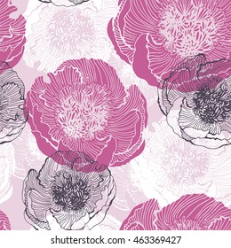 Peony flowers seamless pattern, botanical floral vector background for cards, invitations, fabric, wallpaper or wrapping