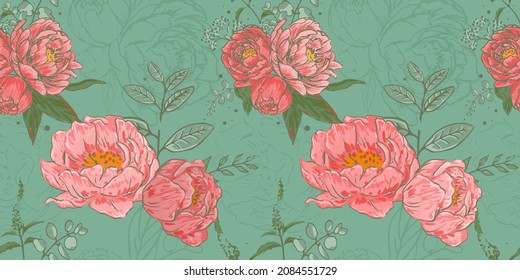Flores de peón sin costura. Ilustración dibujada a mano. Se puede usar como textura para tela, raspado, tarjetas de regalo.