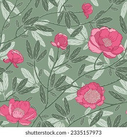 Peony flowers seamless pattern. Hand drawn, retro, vintage. For home textile, wallpaper, wrapping, packaging, clothing.