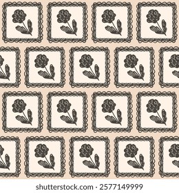 Peony flowers seamless pattern. Linocut floral stencil on vintage frames allover background. Blocks marker drawn repeat cover. Vector hand drawn monochrome spring motif.