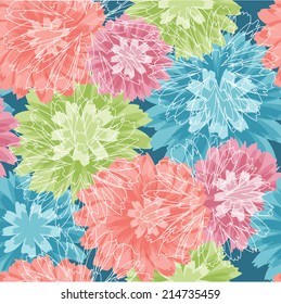 Peony flowers seamless pattern in pink and blue colors. Vector illustration.