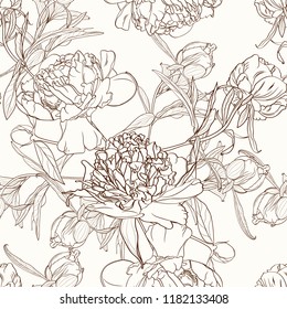 Peony flowers seamless pattern texture. Brown sepia outline on beige background. Blooming spring summer line flowers. Vector design illustration for fashion, decoration, fabric, textile.