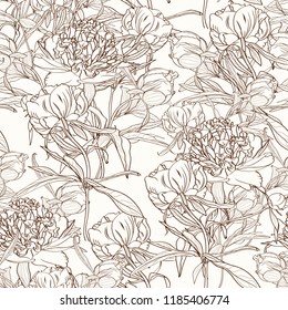 Peony flowers seamless pattern texture. Brown sepia outline on beige background. Blooming spring summer line flowers illustration. Vector design illustration for fashion, decoration, fabric, textile.