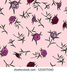 Peony flowers and stems seamless pattern