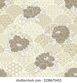 Peony flowers with traditional Japanese fabric elements patchwork background vector seamless pattern
