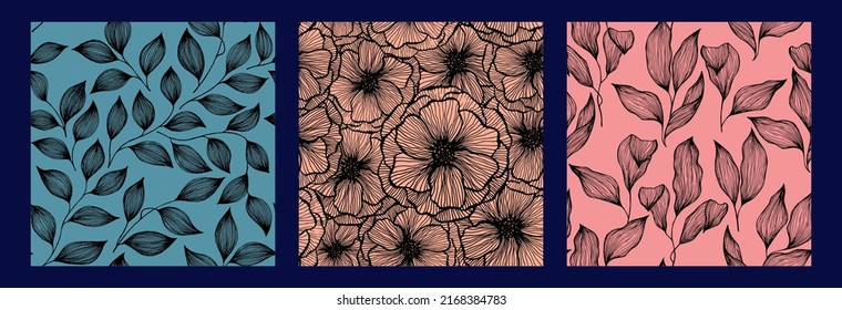 Peony flowers and tree branch leaves doodle hand drawn texture vector seamless pattern set. Exotic jungle plants elegant tissue print design. Wild poppy or peony flowers, tree leaves.
