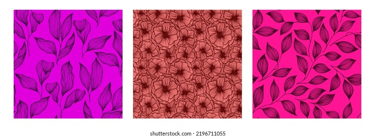 Peony flowers and tree branch leaves doodle hand drawn texture vector seamless pattern set. Exotic jungle plants trendy tablecloth print design. Abstractl poppy or peony flowers, tree leaves.