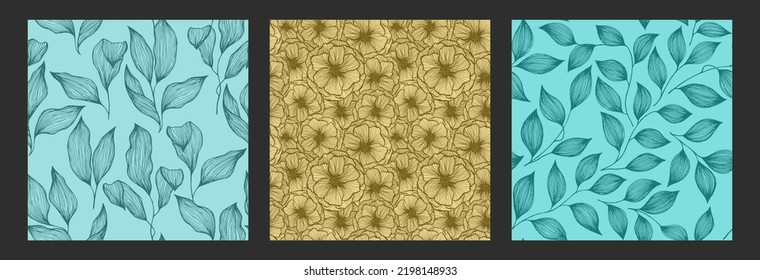 Peony flowers and tree branch leaves doodle hand drawn texture vector seamless pattern set. Exotic jungle plants elegant tissue print design. Abstractl poppy or peony flowers, tree leaves.