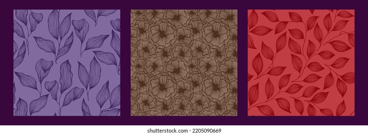 Peony flowers and tree branch leaves doodle line texture vector seamless pattern set. Organic tropical plants trendy textile print design. Hawaiian hibiscus or peony flowers, tree leaves.