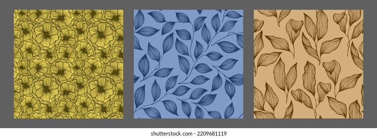 Peony flowers and tree branch leaves doodle line texture vector seamless pattern set. Summer blossom and foliage floral wallpaper design. Abstract hibiscus or peony flowers, tree leaves.