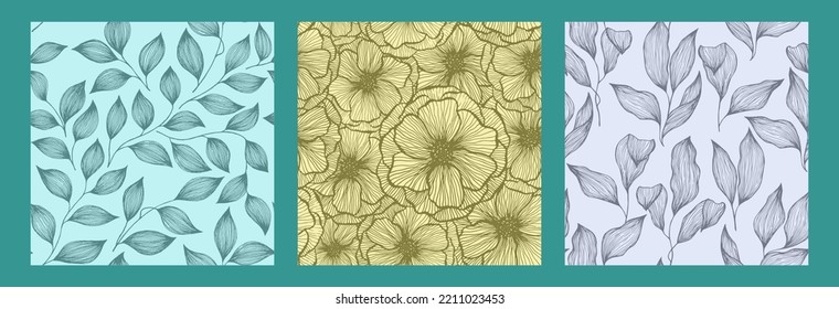 Peony flowers and tree branch leaves doodle hand drawn texture vector seamless pattern set. Exotic jungle plants trendy tablecloth print design. Abstract hibiscus or peony flowers, tree leaves.