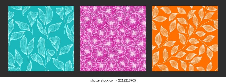 Peony flowers and tree branch leaves doodle hand drawn texture vector seamless pattern set. Organic tropical plants trendy textile print design. Poppies, grass herb leaves fashion decorative motifs