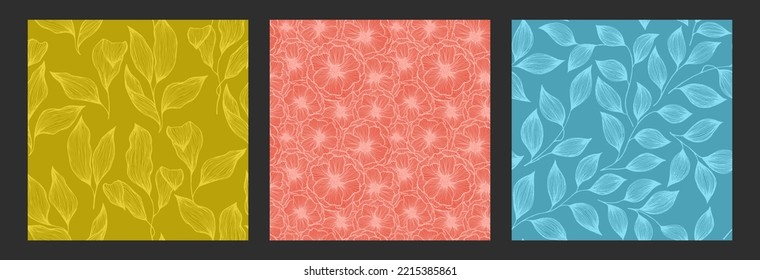 Peony flowers and tree branch leaves doodle hand drawn texture vector seamless pattern set. Exotic jungle plants elegant tissue print design. Abstract hibiscus or peony flowers, tree leaves.