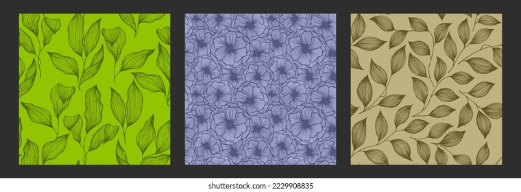Peony flowers and tree branch leaves doodle line texture vector seamless pattern set. Exotic jungle plants artistic tissue print design. Garden poppies, herbs, leaves decorative motif.