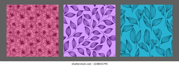 Peony flowers and tree branch leaves doodle line texture vector seamless pattern set. Exotic jungle plants trendy tablecloth print design. Handdrawn hibiscus or peony flowers, tree leaves.