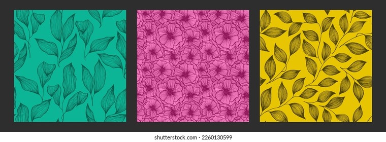 Peony flowers and tree branch leaves doodle hand drawn texture vector seamless pattern set. Summer blossom and foliage floral wallpaper design. Garden poppies, herbs, leaves decorative motif.