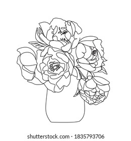 Dibujo vectorial de flores peony con arte lineal sobre fondo blanco.