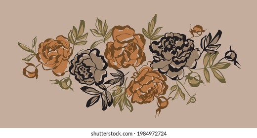 Peony flowers vector illustration in earthy muted colors. modern sketch brush style floral element for cards, invitation, header, print and web. 