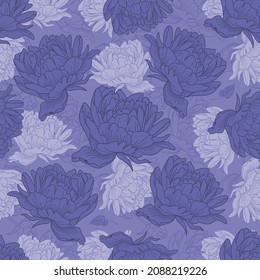 Peony flowers vector seamless pattern. Color of the year 2022 - very peri 17-3938 pantone.