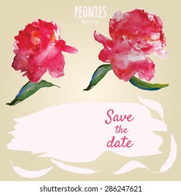 Peony flowers, watercolour, greeting card, vector illustration